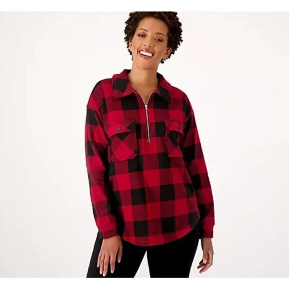 Cuddl Duds Sachet Flannel Fleece ~ Half-Zip Pullover Jacket Red Check M A518558 - Picture 1 of 6